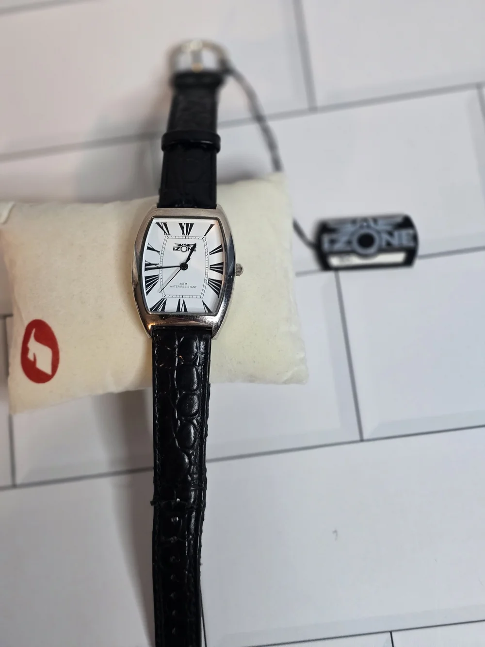 iZONE Men’s Black Leather Strap Tonneau Watch